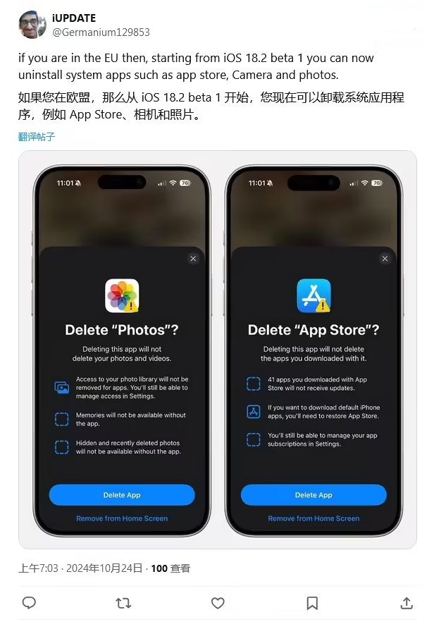 东升镇苹果手机维修分享iOS 18.2 支持删除 App Store 应用商店 