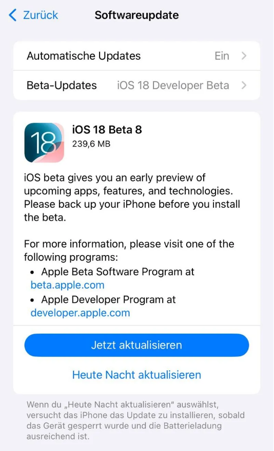 东升镇苹果手机维修分享苹果 iOS / iPadOS 18 开发者预览版 Beta 8 发布 